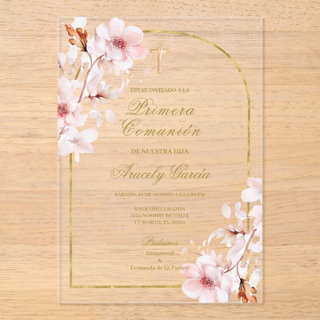 Invitaciones Acrílicas Cherry blossom primera comunión (Anverso)