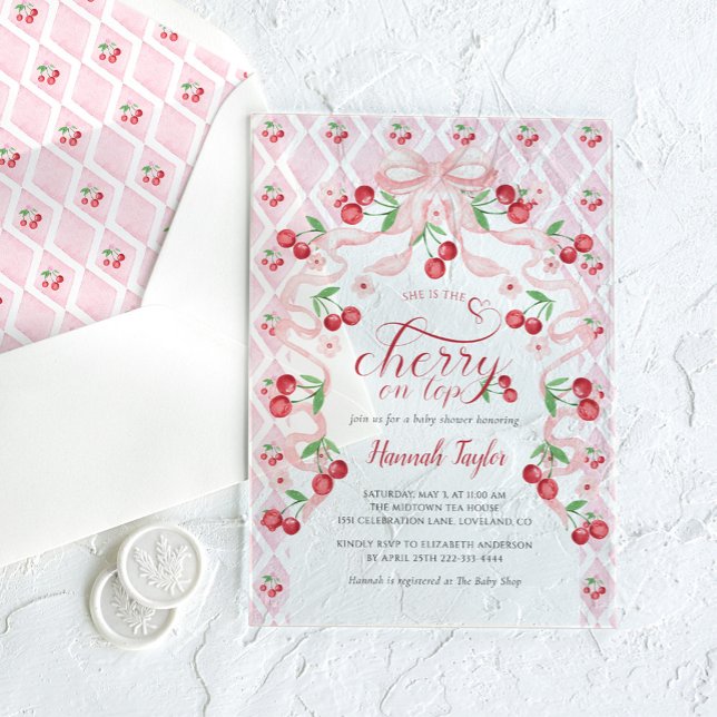 Invitaciones Acrílicas Cherry en Baby Shower de Bow Rosado superior (Subido por el creador)