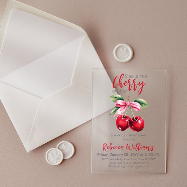 Invitaciones Acrílicas Cherry en Baby Shower, el Chica de Bow Rosado (Subido por el creador)