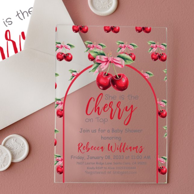 Invitaciones Acrílicas Cherry en la cima de Coquette Chica Bow rosa Baby  (Subido por el creador)