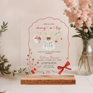 Invitaciones Acrílicas Cherry on Top Baby Shower Lazo Rosa y Acuarela