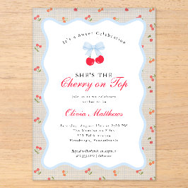 Invitaciones Acrílicas Cherry on Top Coquette Bow Gingham Baby Shower 