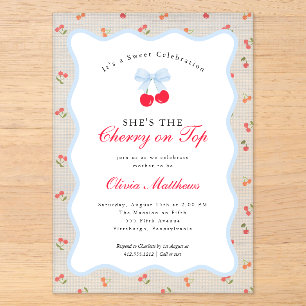 Invitaciones Acrílicas Cherry on Top Coquette Bow Gingham Baby Shower