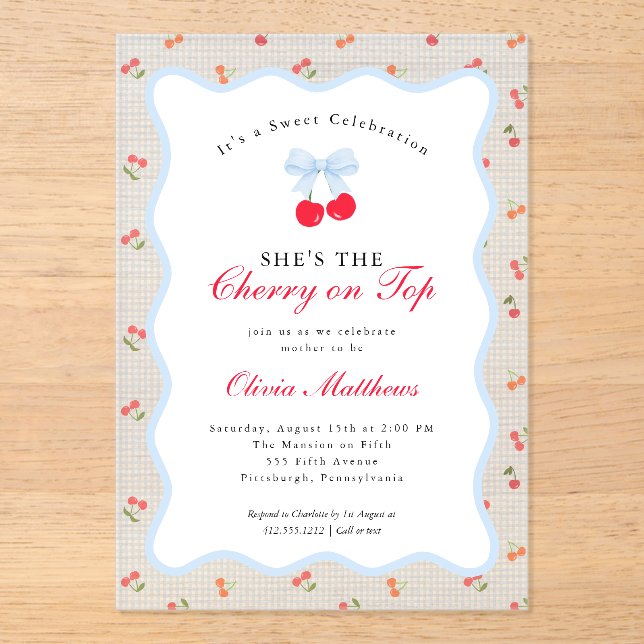 Invitaciones Acrílicas Cherry on Top Coquette Bow Gingham Baby Shower  (Anverso)