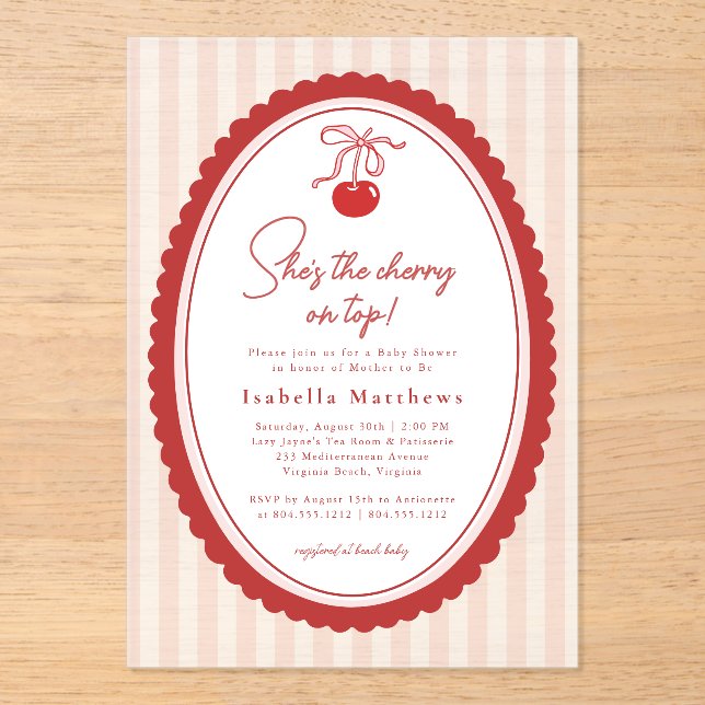 Invitaciones Acrílicas Cherry on Top Coquette Bow Pink Baby Shower  (Anverso)