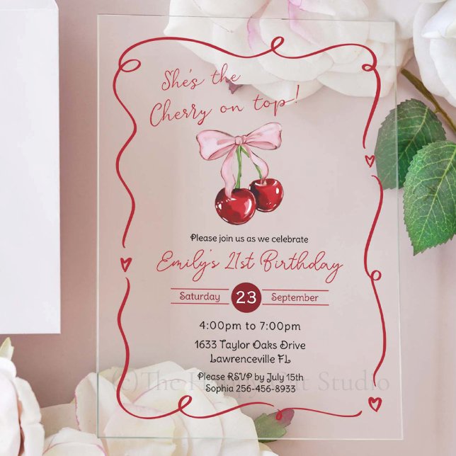Invitaciones Acrílicas Cherry on Top Pink Bow Coquette Birthday (Subido por el creador)