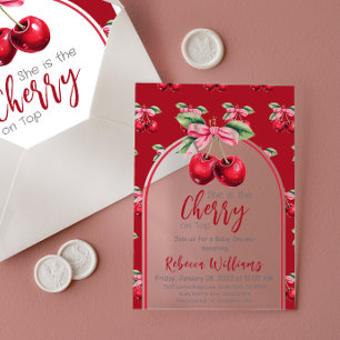 Invitaciones Acrílicas Cherry Red Coquette Bow Chica Baby Shower