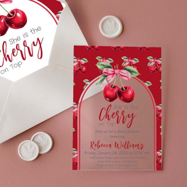 Invitaciones Acrílicas Cherry Red Coquette Bow Chica Baby Shower (Subido por el creador)