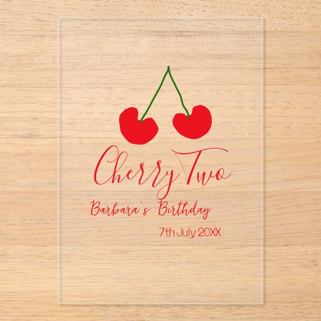 Invitaciones Acrílicas Cherry two 2nd birthday red cherry kids simple  (Anverso)