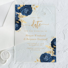 Invitaciones Acrílicas Chic Azul Marino Floral Dorado Boda Guardar la Fec