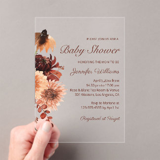 Invitaciones Acrílicas Chic Baby Shower Floral Terracotta Otoño