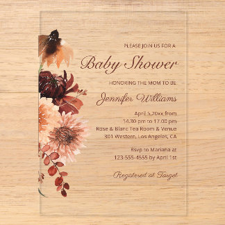 Invitaciones Acrílicas Chic Baby Shower Floral Terracotta Otoño