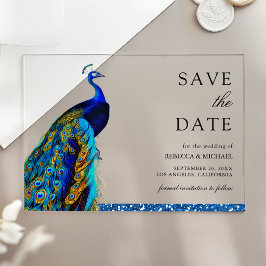 Invitaciones Acrílicas Chic Blue Peacock Boda India Save the Date
