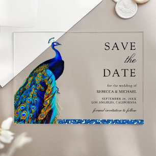 Invitaciones Acrílicas Chic Blue Peacock Boda India Save the Date