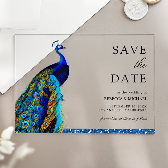 Invitaciones Acrílicas Chic Blue Peacock Boda India Save the Date (Subido por el creador)