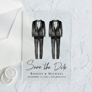 Invitaciones Acrílicas Chic Boda Gay Esmoquin Acuarela Salva la Fecha