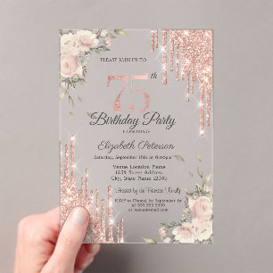 Invitaciones Acrílicas Chic Brillos Goteos,Flores Rosa Dorado Cumpleaños
