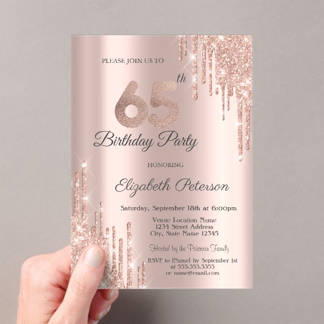 Invitaciones Acrílicas Chic Brillos Goteos Rosa Dorado Cumpleaños 65  (Insitu (portátil))