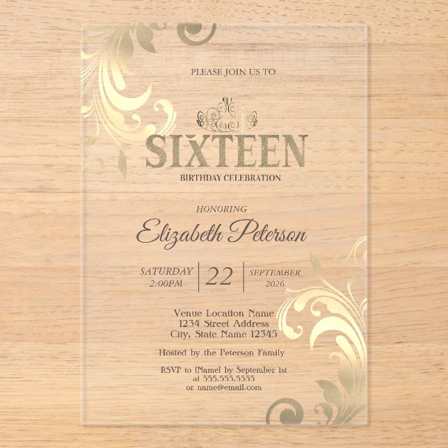 Invitaciones Acrílicas Chic Elegant Swirls Gold Tiara Sweet 16 (Anverso)