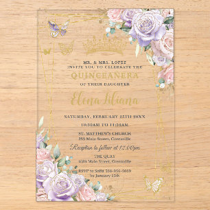 Invitaciones Acrílicas Chic Lila Rubor Floral Rosas Quinceañera Dulces 16