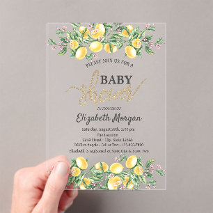 Invitaciones Acrílicas Chic Limones Acuarela Flores Shower de Bebé