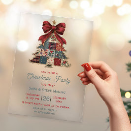 Invitaciones Acrílicas chic patchwork tree bow christmas party
