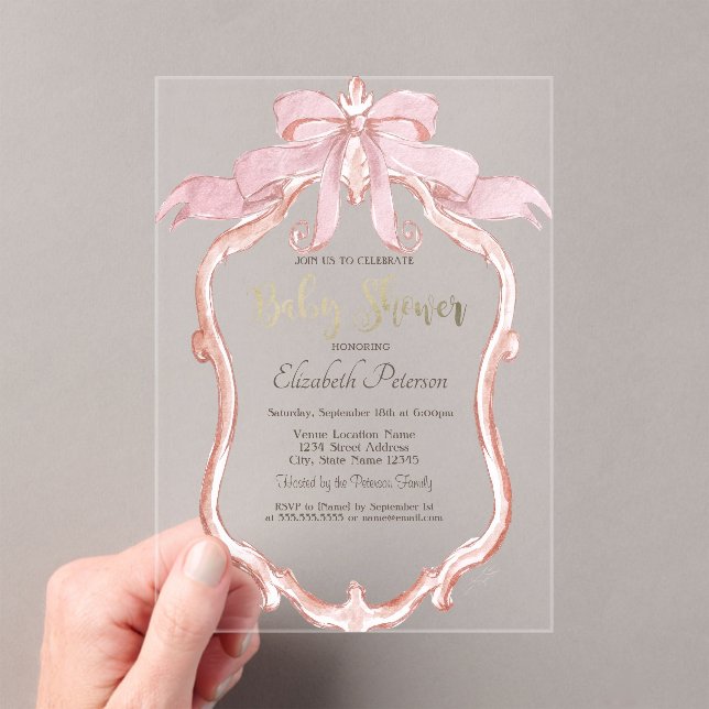Invitaciones Acrílicas Chic Pink Bow Retro Frame Baby Shower  (Insitu (portátil))