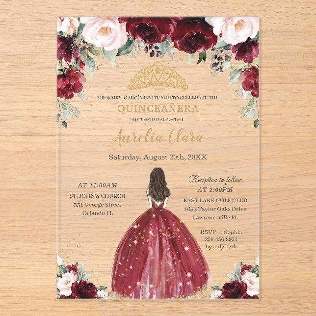 Invitaciones Acrílicas Chic Quinceanera Burgundy Blush Floral Princess (Anverso)