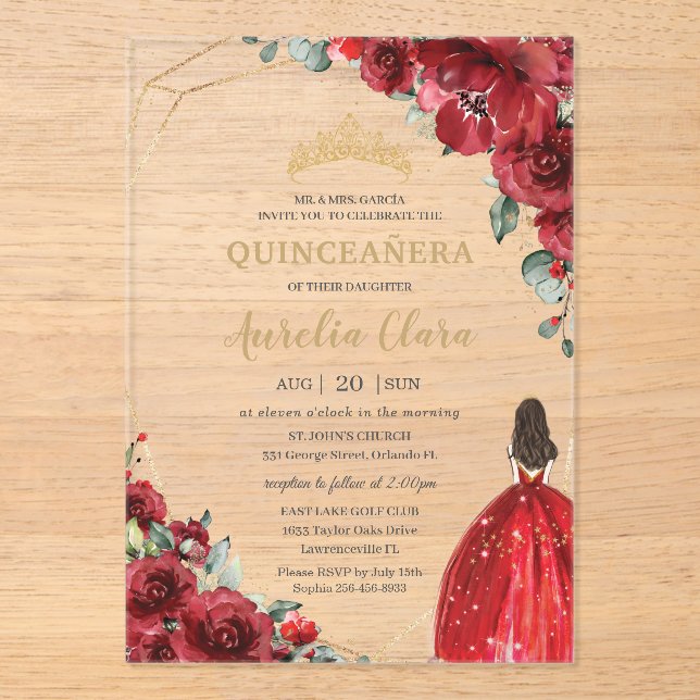 Invitaciones Acrílicas Chic Quinceañera Red Roses Flowers Floral Princess (Anverso)