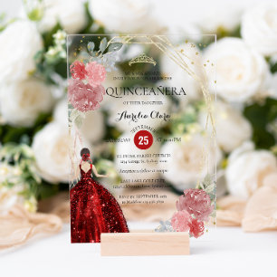 Invitaciones Acrílicas Chic Rojo Rubí Floral Geométrico Quinceañera