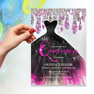 Invitaciones Acrílicas Chic rosa caliente negro cristal gotas Quinceanera