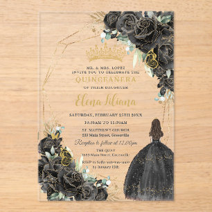 Invitaciones Acrílicas Chic Rosas Florales Negras Quinceañera Dulces 16