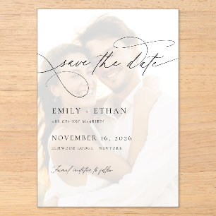 Invitaciones Acrílicas Chic Script Superposición Foto Boda Guardar La Fec