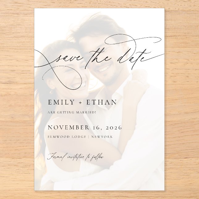 Invitaciones Acrílicas Chic Script Superposición Foto Boda Guardar La Fec (Anverso)