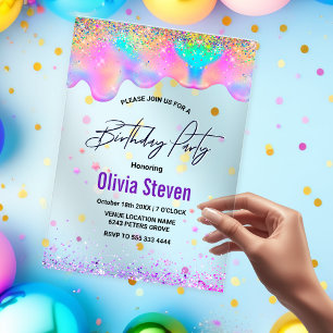 Invitaciones Acrílicas Chic unicornio holográfico gotea monograma de cump