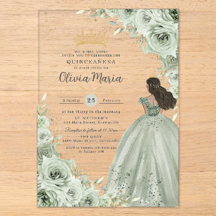 Invitaciones Acrílicas Chic Verde Sage Floral Marrón Princesa Quinceañera