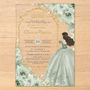 Invitaciones Acrílicas Chic Verde Sage Floral Rosas Princesa Quinceañera