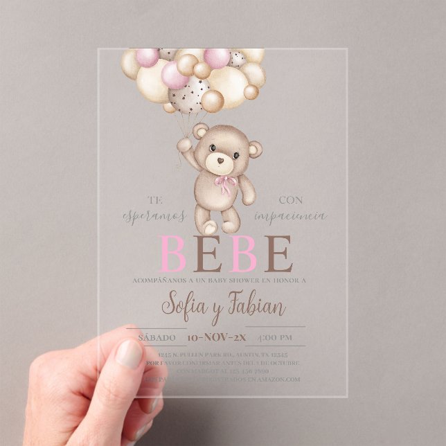 Invitaciones Acrílicas Chica Baby Shower de oso rosa acrílico español (Insitu (portátil))