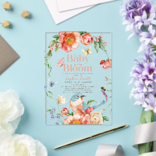 Invitaciones Acrílicas Chica bebé de flor silvestre y pájaro en Baby in B
