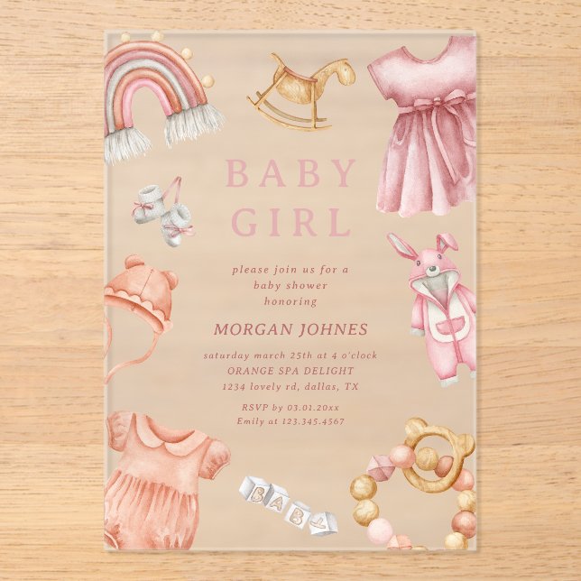 Invitaciones Acrílicas Chica Boho Clothes Nursery Baby Shower (Anverso)