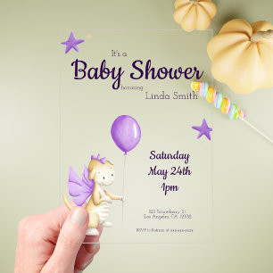 Invitaciones Acrílicas Chica Cumpleaños Dragón Bebé Morado