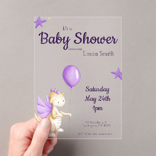 Invitaciones Acrílicas Chica Cumpleaños Dragón Bebé Morado