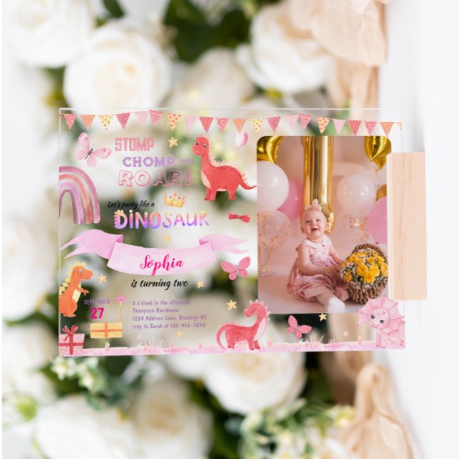 Invitaciones Acrílicas Chica Cute Dino Rosa Dinosaurios Foto Niños Cumple (Subido por el creador)