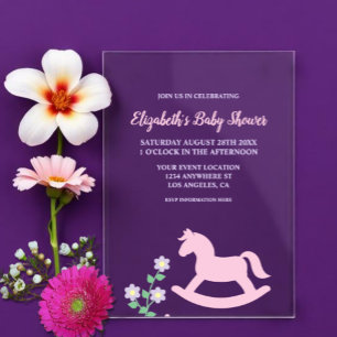 Invitaciones Acrílicas Chica de Caballo Mecedor Rosa Baby Shower
