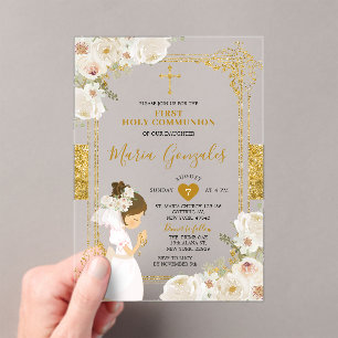Invitaciones Acrílicas Chica de Flores Blancas Oro Primera Comunión Santa