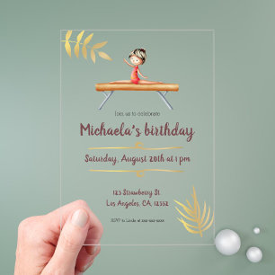 Invitaciones Acrílicas Chica de Gimnasia en Barra de Cumpleaños de Oro Ro