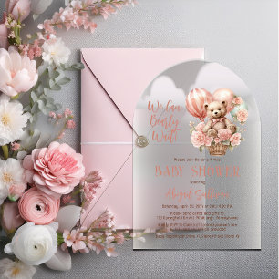 Invitaciones Acrílicas Chica de globos de oseo de Teddy Baby Shower virtu