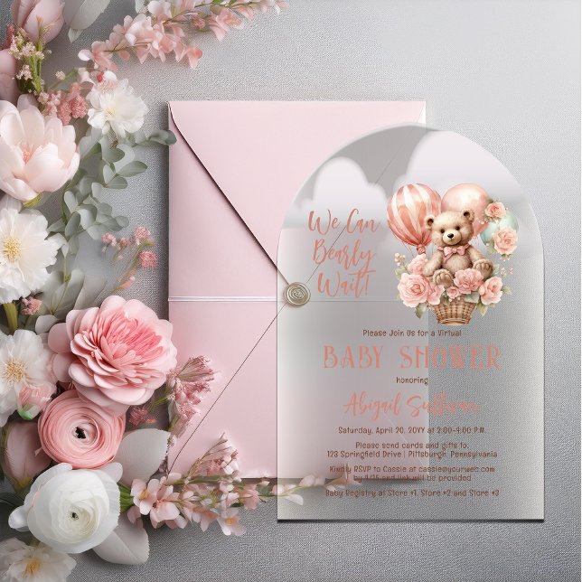Invitaciones Acrílicas Chica de globos de oseo de Teddy Baby Shower virtu (Teddy Bear and Balloons "We Can Bearly Wait" Girl Virtual Baby Shower Acrylic Invitation)