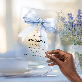 Invitaciones Acrílicas Chica de lazo azul claro confirmación de lujo clar