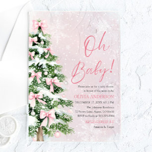 Invitaciones Acrílicas Chica de lazo rosa árbol de Navidad Oh Bebé Fiesta